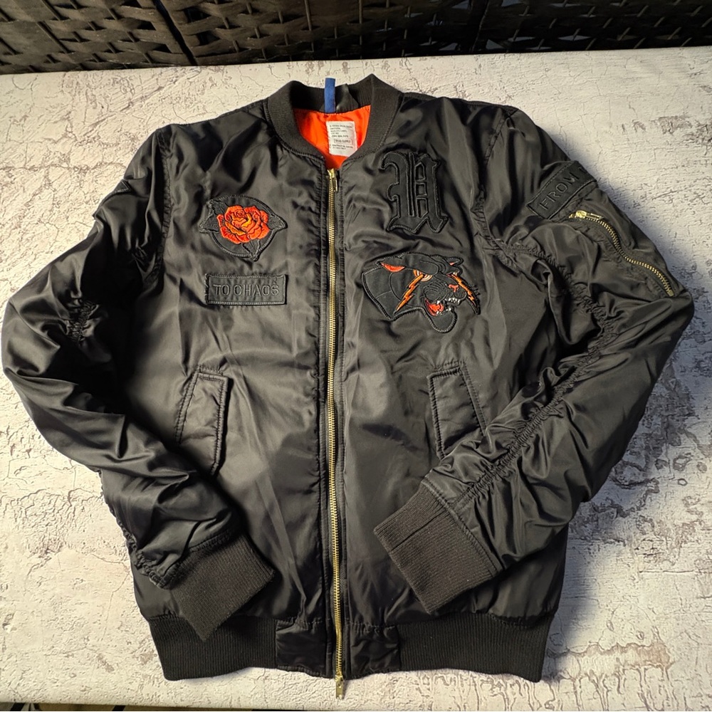H&M Divided Black & Orange Men’s Bomber Jacket w/Patches, Size Small